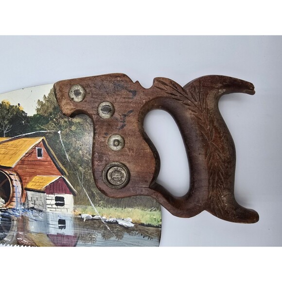 Antique Hand Painted Saw Blade Folk Art Lake River Fishing Scene by a Mill - Picture 2 of 8